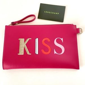 Longchamp KISS&LOVE Leather Clutch Fuchsia Pink Made in France NWOT